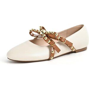 SICARE Mary Jane White Flats Ballet Flats Shoes Pearl Embellished Bow Loafer